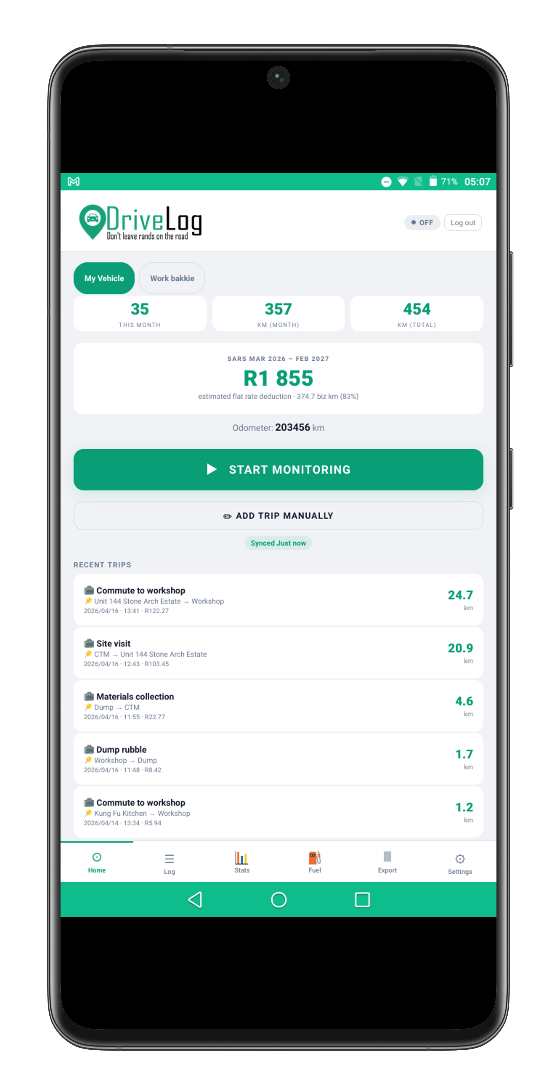 DriveLog trip logging screen